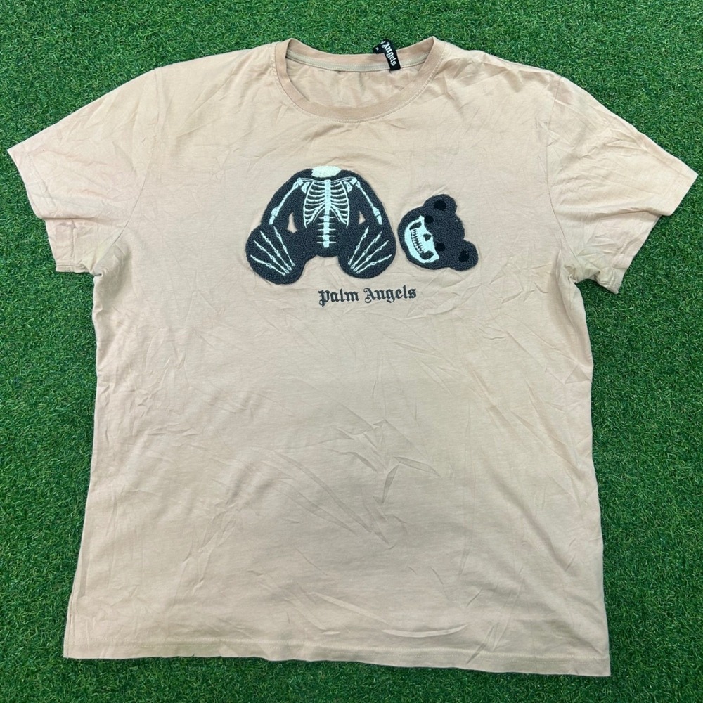 Palm Angels Beige Graphic Short Sleeve Tee with Black Skeleton & Bear